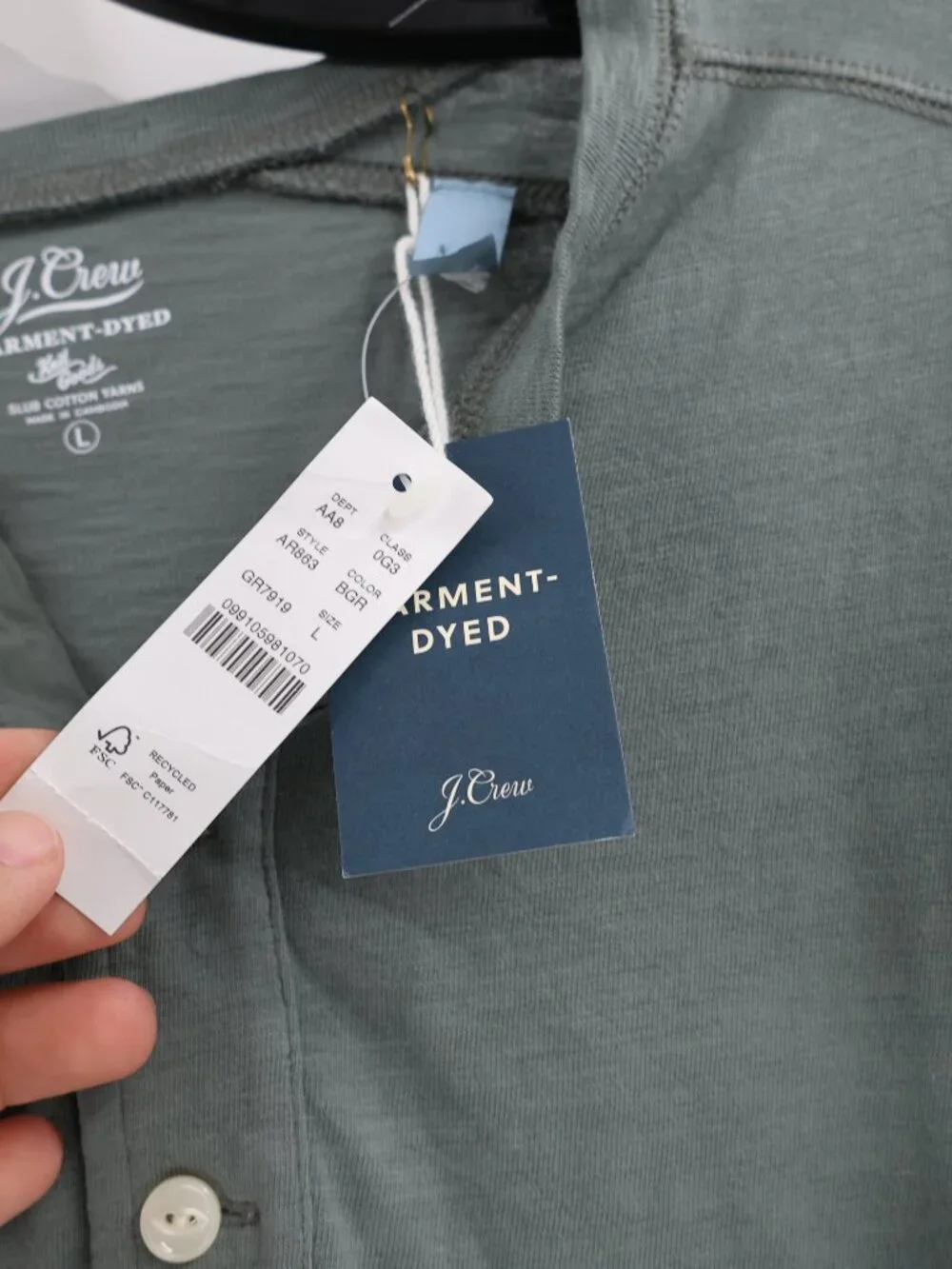 NWT J Crew Shirt Mens Large Garment Dyed Slub Cotton Henley Long Sleeve Green